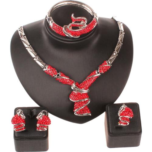 New African bead jewelry set for women party accessories silver plated Red Rhinestone Wedding necklace earring jewelry sets