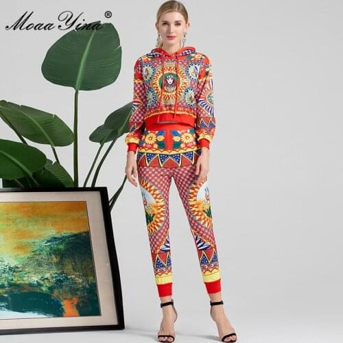 MoaaYina Fashion Runway Designer Autumn Pants Set Women Long Sleeve Hooded Tops and Print Vintage Pants Two Piece Suit