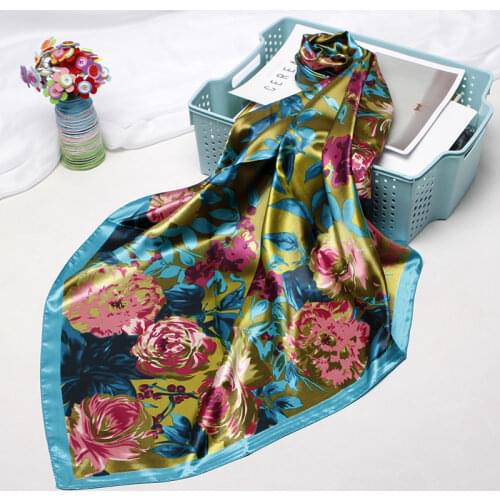 Fashion Purple Hair Scarf For Women Floral Print Silk Satin Hijab Scarfs 90cm Square Shawls Neckerchief Scarves For Ladies 2019