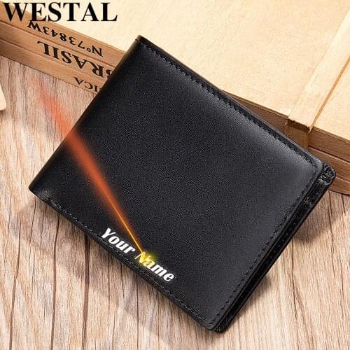 WESTAL mens genuine leather wallet purse for men engrave desinger card holder mens money bag short coin purse RFID wallet 7328