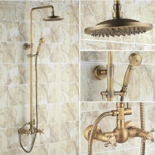 Antique Brass 8" Bathroom Wall Mounted Rain Shower Faucet Set Mixer Tap Nrs008