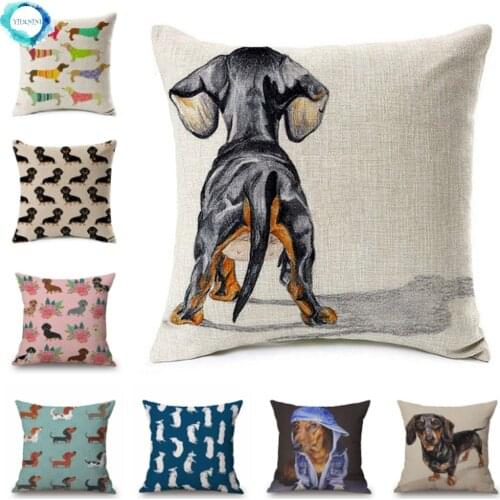 Dachshund Dog Cushion Covers Sausage Dog Painting Cotton Linen Decorative Pillow Covers Bedroom Sofa Home Decoration 45X45cm