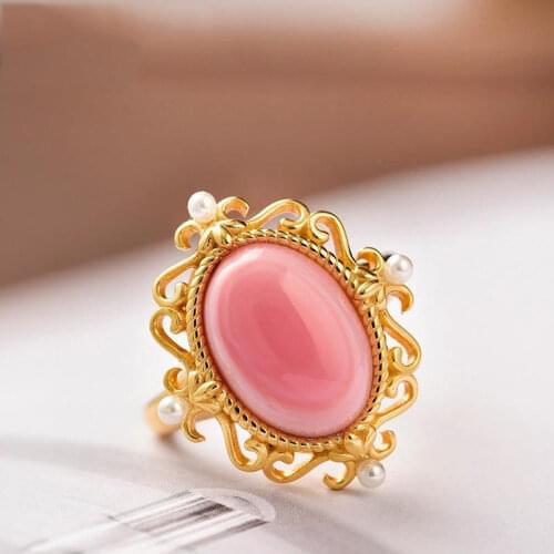 Original Design Natural Hetian Pink Jade Oval Pearl Adjustable Ring Light Luxury Bright Exquisite Ladies Brand Jewelry