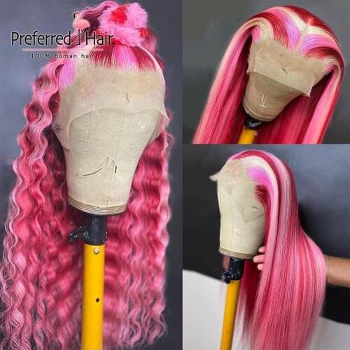 Preferred Pink Red Highlight Wig Pre Plucked Ombre Deep Wave Wig Brazilian Remy 13x4 Lace Front Human Hair Wigs for Women