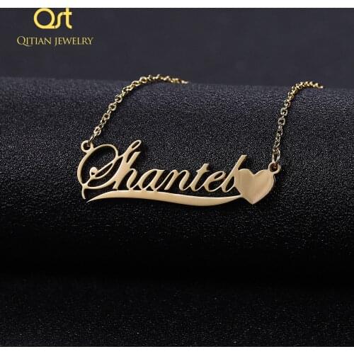 QITIAN Customized Fashion Stainless Steel Name Necklace Personalized Letter Gold Choker Necklace Pendant Nameplate Gift