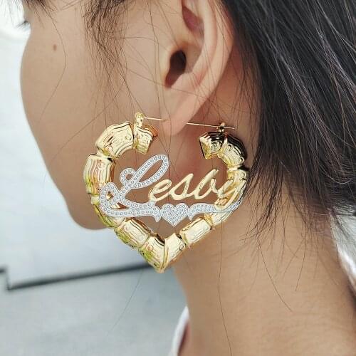 50mm-90mm Personalized Name Hoop Earring Stainless steel Custom Name Earrings Heart-shaped Bamboo Earrings with Two Color