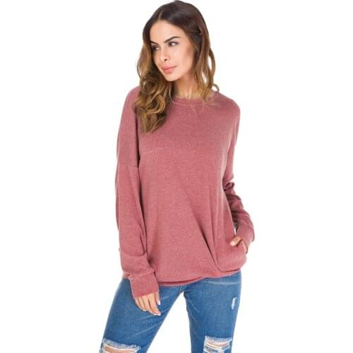 Womens autumn and winter new solid color cotton round neck pocket head ladies large size bottoming T-shirt