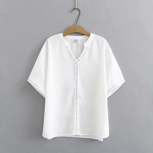 Plus size V-Neck drop-shoulder sleeve embroidery chiffon women t shirt 2021 loose summer ladies tshirts female T-shirts tops