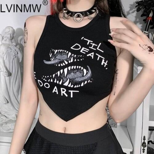 LVINMW Gothic Slim O Neck Sleeveless Letters Tank Tops Women Letter Printed Casual Top Goth Basic Bandage Black Cloth Streetwear