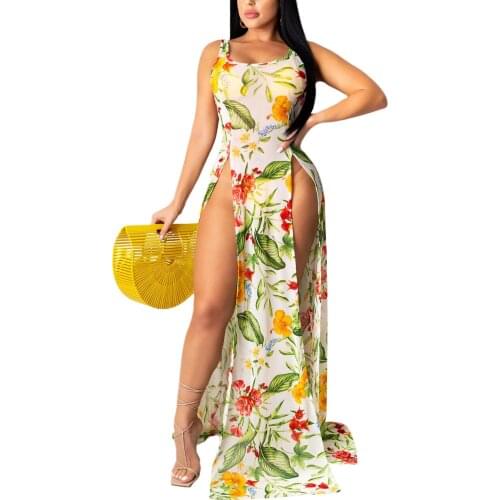 Women’s Sexy Perspective Bikini Smock Fashion Plant Printed High-waist Sleeveless Beach Long Dress