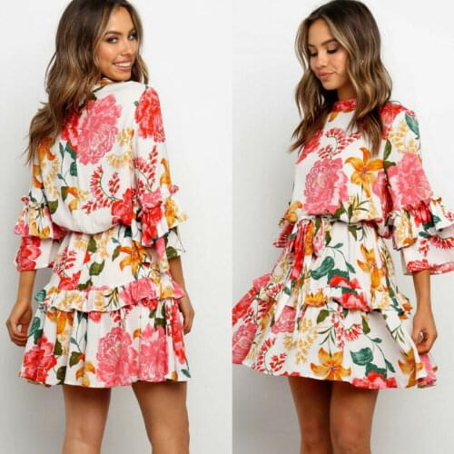 Women Flower Dress Fashion O Neck Ruffles Sleeve Summer Boho Ladies 3/4 Sleeve High Waist Bandage Mini Dress Party Club vestidos