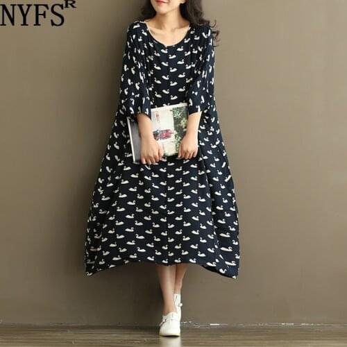 NYFS Autumn Dress 2021 Korean New Loose long Sleeve Woman Dress Vestidos Robe Elbise Fashion Print Shirt Dress