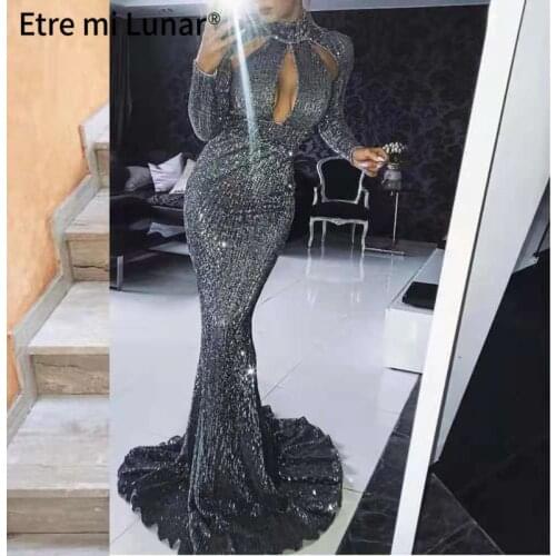 2021 Sexy Sliver Evening Dress 2020 High Neck Long Sleeve Mermaid Dressing Gowns Sequined Party Dress Vestidos de fiesta LE4070