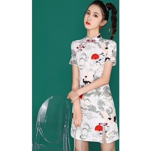 Sexy Women Print Animal Cheongsam Chinese Female Evening Party Qipao Vintage Slim Dress Summer Short Sleeve Robe Gown Vestidos