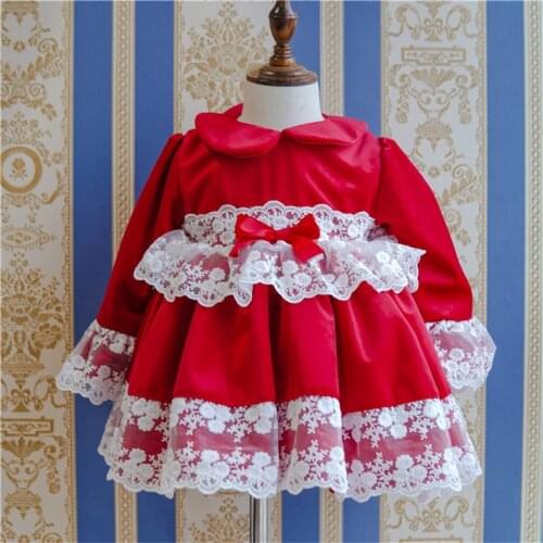 3PCS Autumn Winter Red Lace Velvet Palace Vintage Princess LongSleeve Dress Ball Gown Dress For Party Christmas Birthday 0-8Y