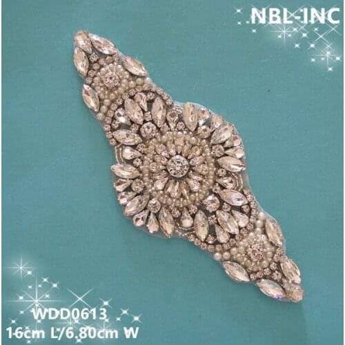 30PCS) Wholesale handmade beaded sewing bridal silver clear crystal rhinestone applique for wedding dresses DIY iron on WDD0613