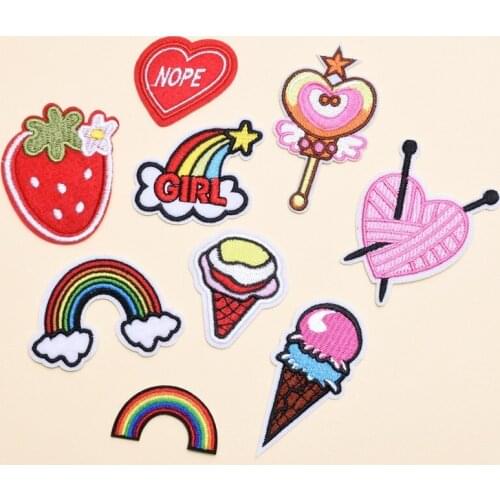 50pcs/lot Embroidery Patch Backpack Clothing Decoration Accessories Heart Strawberry Cream Rainbow Iron Heat Transfer Applique