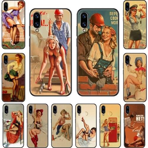 WW2 Sexy Retro Girl Phone case For Huawei Honor Mate 5 7 8 9 10 20 i A X Lite Pro black painting funda soft bumper tpu cover 3D
