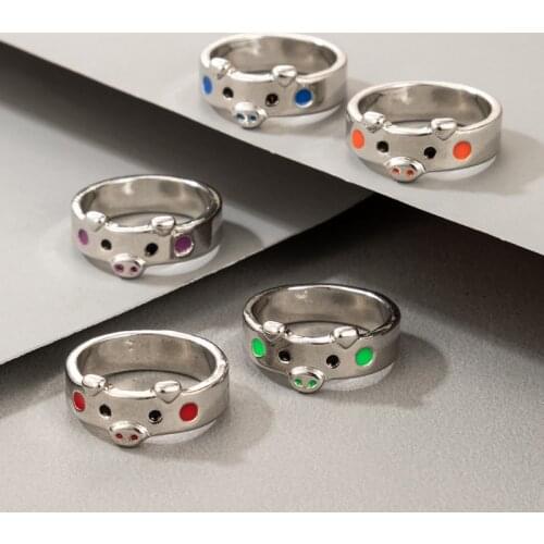 Docona 5pcs/set Lovely Samll Pig Colorful Rings for Women New Tredny Dropping Oil Geometry Alloy Metal Ring Set Jewelry 19685