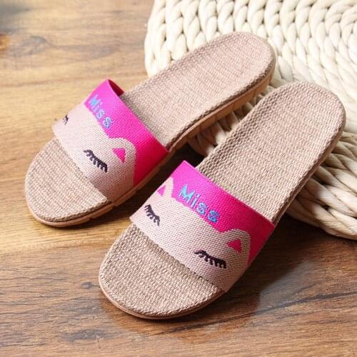 FAYUEKEY Home Slippers Cat Linen Slippers Summer Couple Slippers Non-Slip Indoor Slippers Sandals Women Slippers Shoes