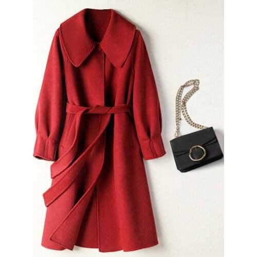 Double sided cashmere coat in reverse season womens 2020 spring new doll collar Red Lantern Sleeve medium long coat