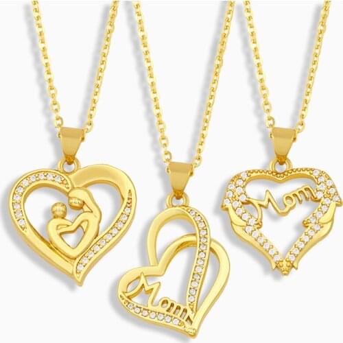 FLOLA White Stone Heart Mom MaMa Necklace For Women Gold Pendant Necklace CZ Zirconia Wholesale Jewelry Mothers Day Gift nkeu82