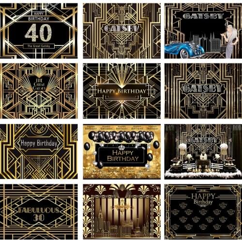 Birthday Party Backdrop The Great Gatsby Photography Backdrop Retro Happy Birthday Party Banner Black Gold Photography Backdrops