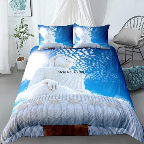 Blue Sky White Buddha Pattern Down Bed Cover Pillowcase 3D Digital Printing Adult Teenagers Bedding Set 2-3 Pieces