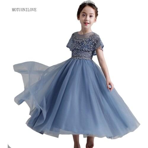 Fancy Flower Girl Dresses 2020 Children Show Performance Costume Kids Princess Dress Blue White Boutique Clothes For Girls Gowns