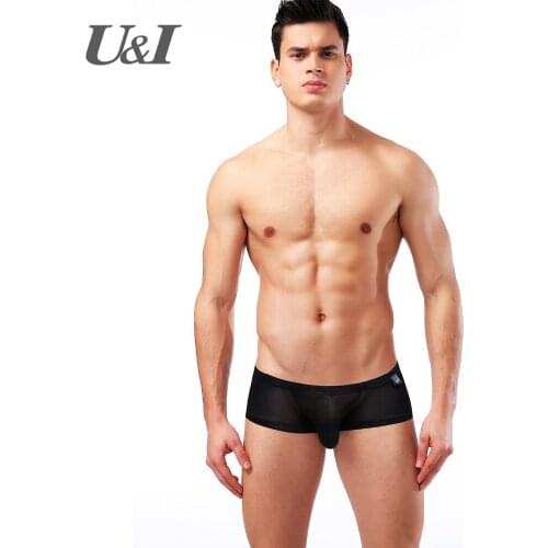 U&I Sexy Boxer Mens Ultra-thin Elastic Nylon Personality Boys Ultra-Low Waist Breathable Slim Bump Small Boxer Shorts