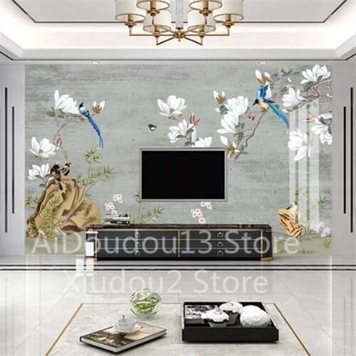 Milofi custom 3D wallpaper mural magnolia classical flower and bird cement brick wall screen living room TV background wall deco