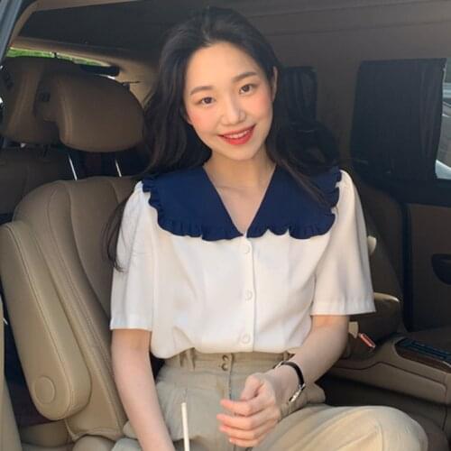 2020 New Korean Preppy Style Peter Pan Collar Short Sleeve Shirt Women Summer Small Fresh Blouse Woman Cute Blusa Tops White