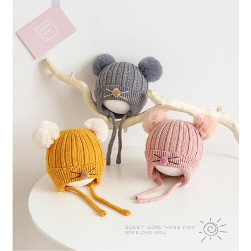 Autumn And Winter Cute Kitten Childrens Ear Caps For Male And Female Babies Cartoon Double Ball Wool Knitted Hat For 6M-3Y