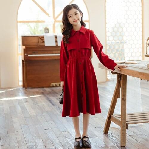 Teen Girls Autumn Dress 2021 Elegant Corduroy Childrens Midi Dress Cotton Kids Clothes Baby Buttons Clothing,#6401