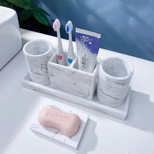 Luxury Marble Striped Soap Dispenser Gargle Cup Nordic Bathroom Washroom Tray Accessories Toothbrush Holder Soap Resin Wash Set