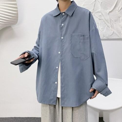 Streetwear Shirt Men Solid Long Sleeve Shirts Loose Autumn Fashion Casual Korean Shirt Mens Tops Clothes 2021