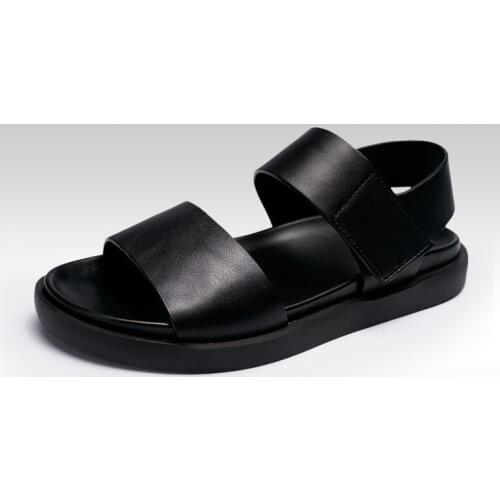Male Summer Fashion Bottom Thick Leather Sandals Male Genuine Leather Casual Leather Solid Black Flat Sandals Free Shipping