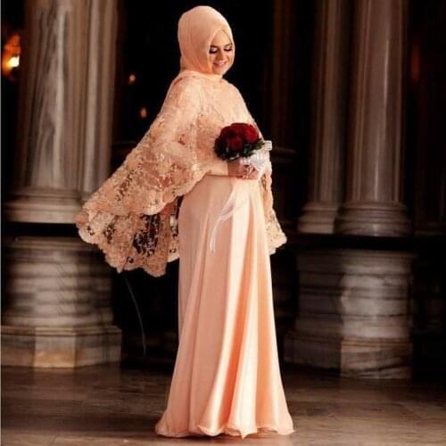 Sexy Elegant Woman Evening Dresses Plus Size Long Muslim Arabic Long Sleeves Prom Dresses Long Sleeves Peach Formal Party Dress