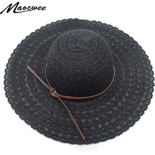 New ladies wild breathable lace openwork straw hat summer sunscreen hat ladies wide side foldable beach sun hat