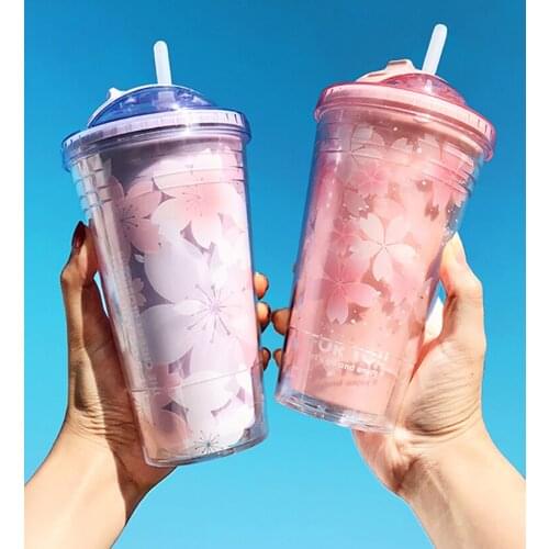 Kawaii Purple Pink Cherry Blossom Folding Straw Plastic Water Cup Cute Girl Student Portable Sealed Large Capacity Double Layer