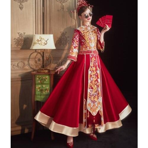 Chinese Traditional Wedding Bridal Stylish Long Embroidery Cheongsam Dress Elegant Bride Rhinestone Vintage китайская одежда