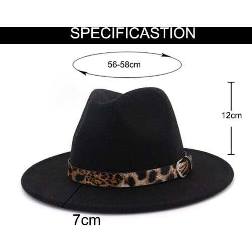 X3014 New Arrvial Leopard Woolen Hat Female Gentleman Fedora Hat Flat Brim Broad-Brimmed Hat Unisex Jazz Hats