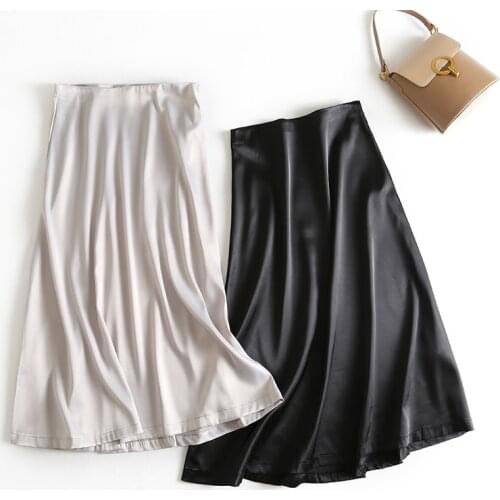 2021 Lady Hight Waist Glossy Silver Black Party Skirt New Hot Women Luxury Mid-calf Long Soft Smooth Silk Satin Skirts Office