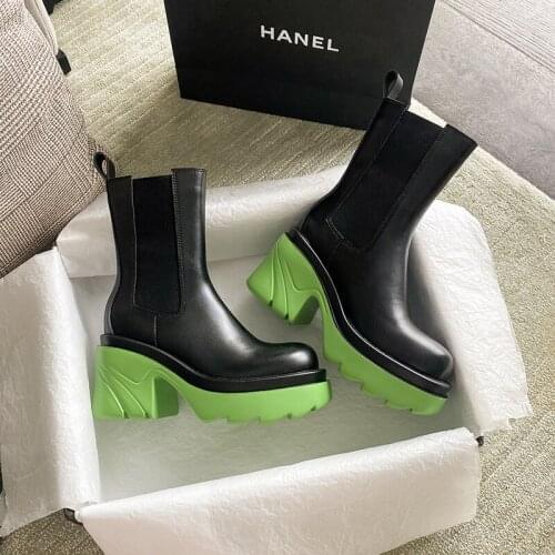 2021 Autumn New Chelsea Boots Women Round Toe Ankle Boots Women Chunky High Heels Slip On Platform Shoes Women Botas de mujer