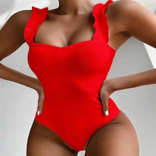 Summer New Solid Red Women Swimwear Vintage One Piece Ruffled Push Up Female Swimsuit Sexy Monokini Padded Bathing Suits 2021