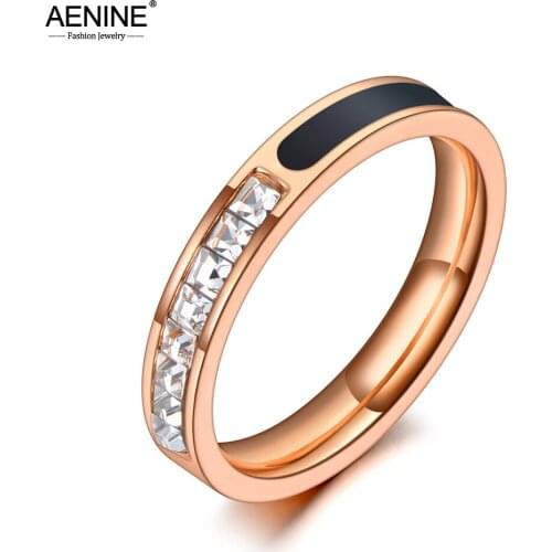 AENINE Кольцо Женское Trendy CZ Crystal Wedding Rings Jewelry Stainless Steel Rose Gold Black Acrylic Ring For Women AR20046
