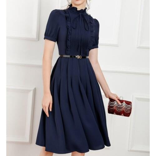2021 New Solid Women Patchwork Dress Elegant Short Sleeve Pleated Dresses 3230