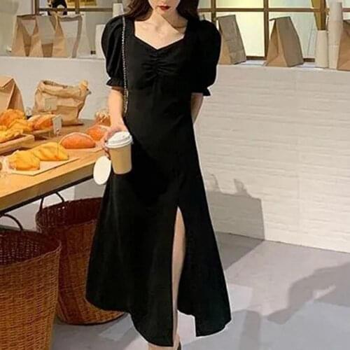 Women Dress Puff Sleeve Split Design Polyester French Style Sexy Summer Dress for Date dress women elegant 2021 robe femme