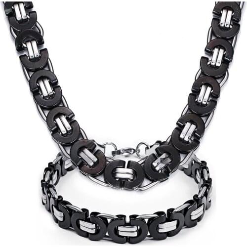 10mm Black Flat byzantine Link Chain Necklace & Bracelet Set Stainless Steel Jewlery Set New Fashion Christmas Day Gift