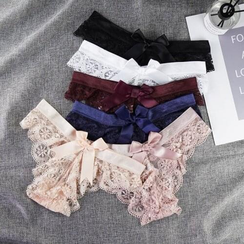 3 Pcs Lot Sexy Lingerie Femme Underwear WomenBriefs Shorts Lace with Bow Hollow Out Solid Color G String Thongs Satin Panties